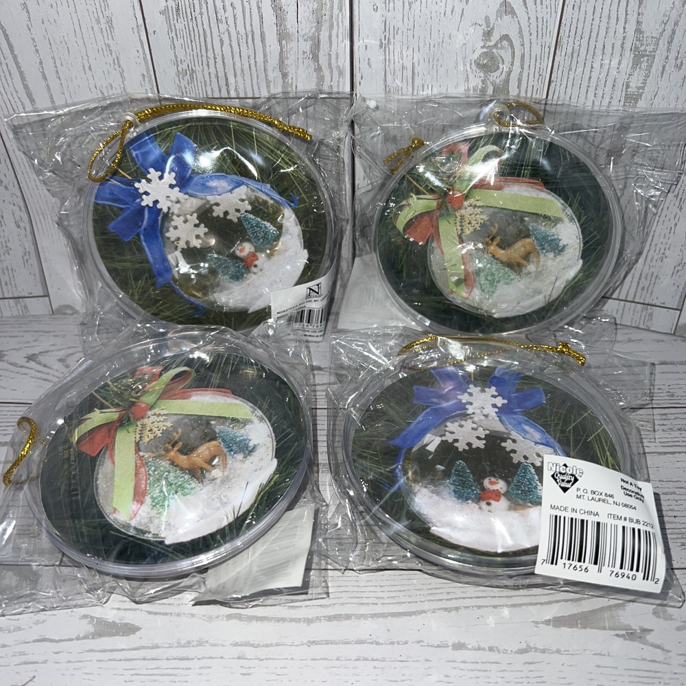 4 Nicole Christmas Ornaments - Reversible Green Ribbon Holiday Whimsical Festive